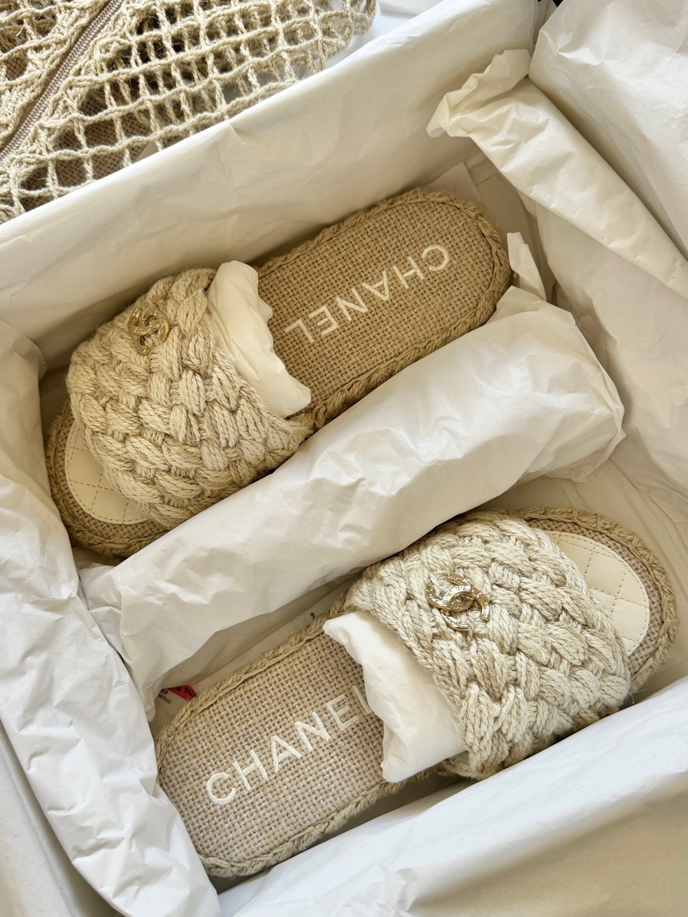 CHANEL Natural Braided Espadrille Slide with Gold Logo Pull